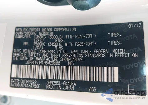 2017 Toyota 4Runner Sr5 z USA, uszkodzony, nr VIN JTEBU5JR1H5420688